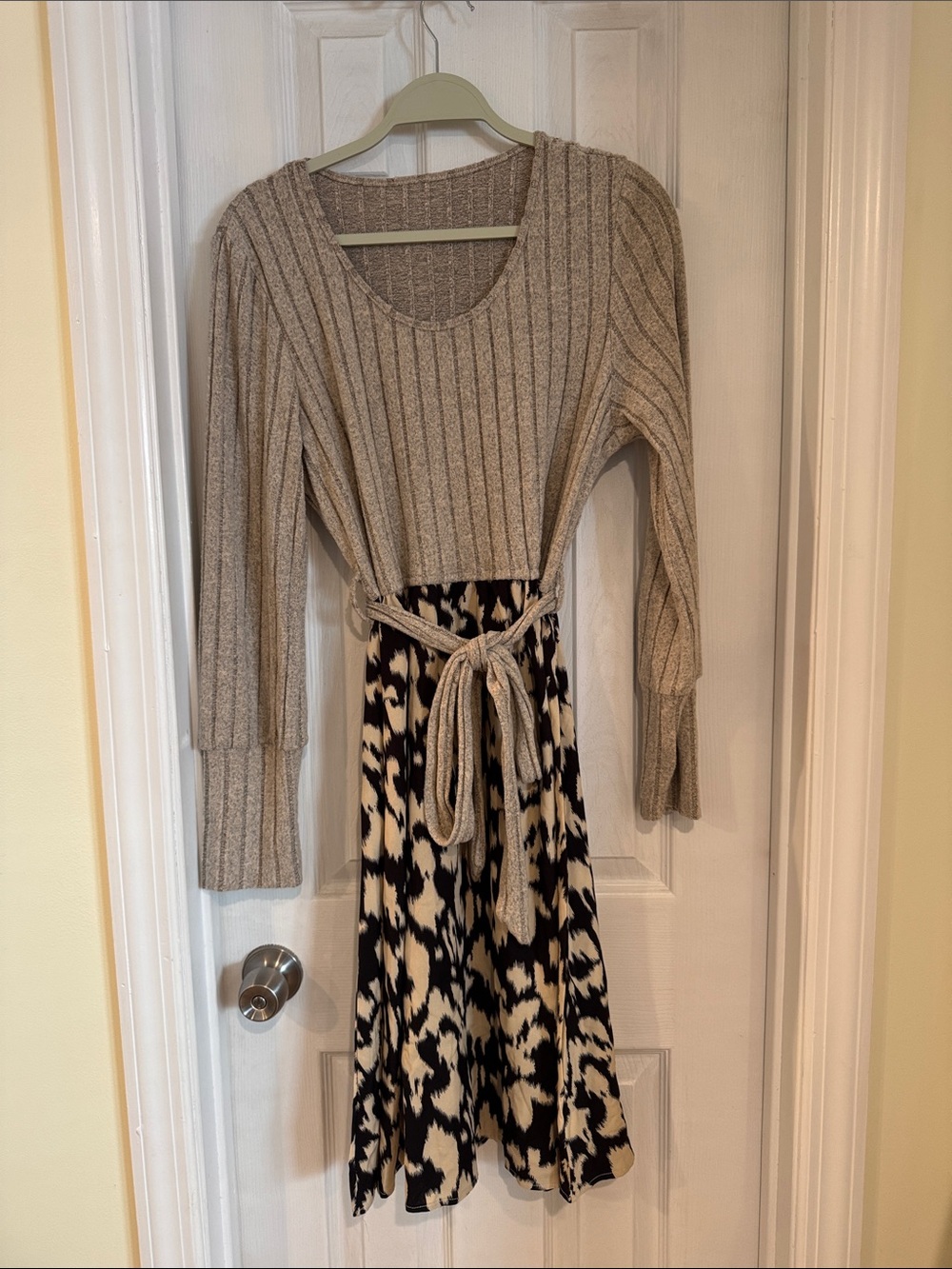 Cupshe Beige Rib-Knit Top with Black & Cream Printed Skirt Dress